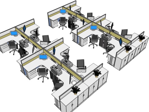 办公桌 工位 屏风卡位 办公椅 文件柜su模型
