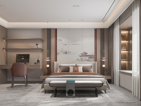  新中式卧室3d模型 