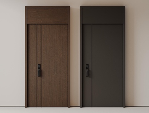 现代极简单开门 中古防盗门 通顶入户门 子母门 密码门 别墅su模型