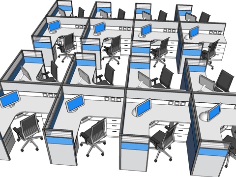 办公桌 工位 屏风卡位 办公椅 文件柜su模型