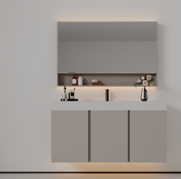 现代极简洗手台 中古浴室柜 台盆柜 装饰品摆件 镜子 卫生间su模型