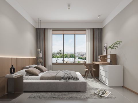  原木风床梳妆台3d模型 