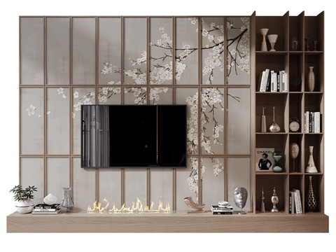  新中式电视背景墙 装饰墙板3d模型 