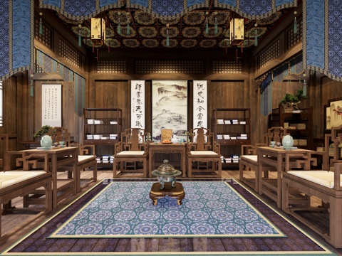 新中式中式影视 古代会客厅 唐宋会客厅 古风房间 中堂 古风su模型