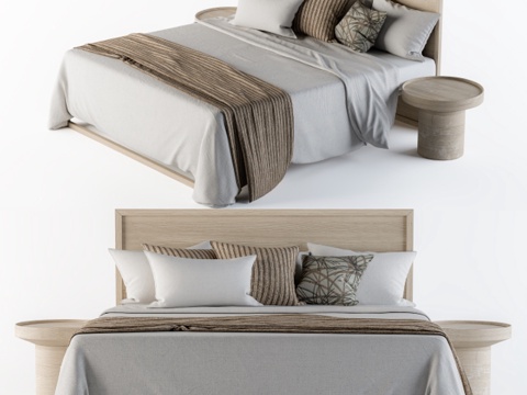  白棕双色木质床具套装3d模型 