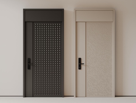 现代极简单开门 中古防盗门 通顶入户门 子母门 密码门 别墅su模型