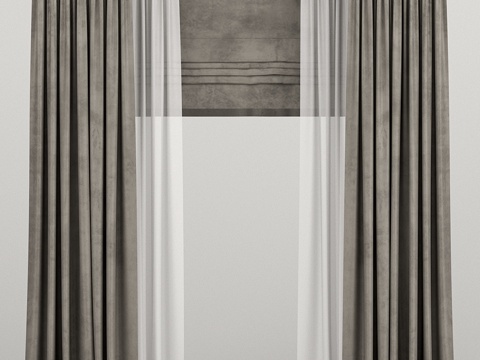  棕色天鹅绒罗马帘配薄纱帘3d模型 