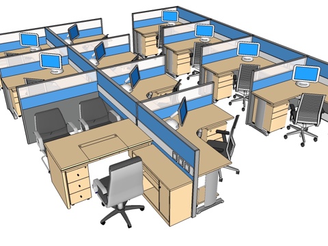 办公桌 工位 屏风卡位 办公椅 文件柜su模型