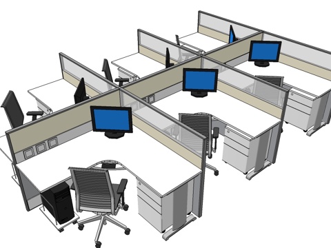  办公桌 工位 屏风卡位 办公椅 文件柜su模型 
