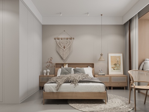  原木风卧室床3d模型 