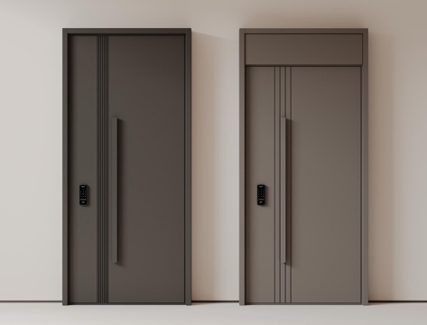 现代极简单开门 中古防盗门 通顶入户门 子母门 密码门 别墅su模型