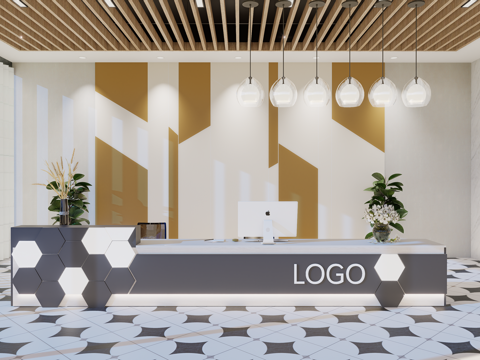 现代简约办公室前台接待台su模型