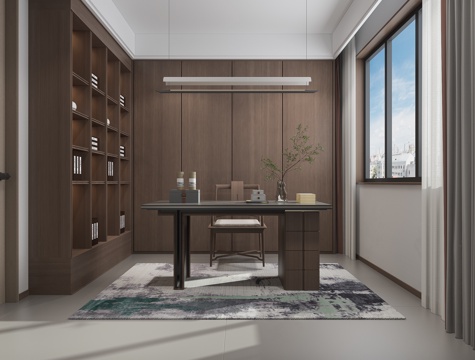  现代书房书桌书架3d模型 