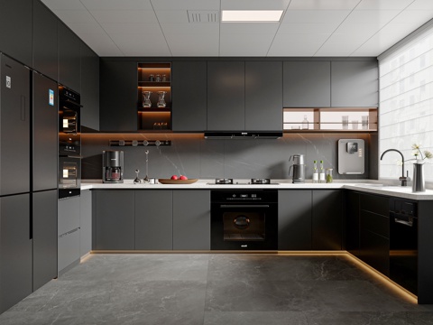  现代简约厨房 橱柜 厨房用品 厨具 厨房电器 冰箱 灶台3d模型 