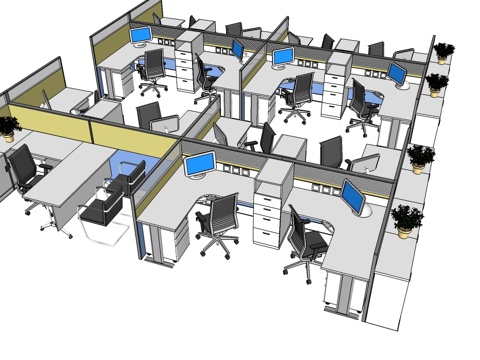 办公桌 工位 屏风卡位 办公椅 文件柜su模型
