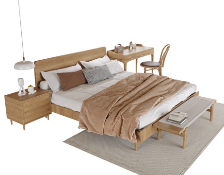 现代双人床 床头柜 梳妆台su模型