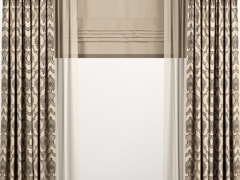  直式棕色窗帘配罗马帘与薄纱3d模型 