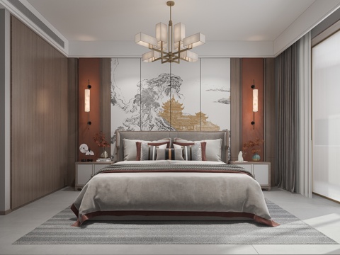  新中式卧室床3d模型 