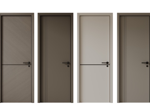  现代极简单开门 中古房间门 卧室门 平板门 实木门 平开门su模型 