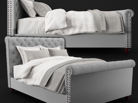  切斯特菲尔德绗缝软包床带床尾板3d模型 