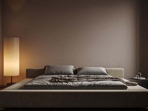  现代极简家居卧室 暗黑风卧室 布艺床 落地灯 现代写实氛卧室3d模型 