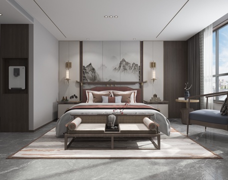  新中式床3d模型 