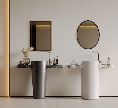 现代极简洗手台 中古浴室柜 台盆柜 装饰品摆件 镜子 卫生间su模型