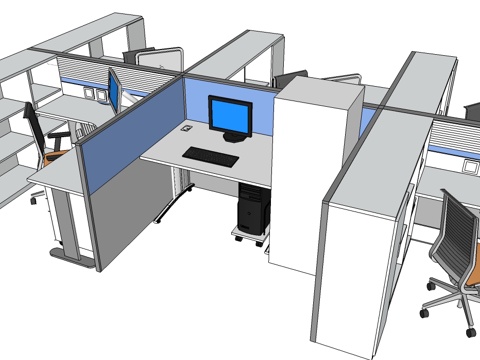  办公桌 工位 屏风卡位 办公椅 文件柜su模型 