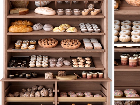  面包店展示柜陈列糕点甜品。S3d模型 