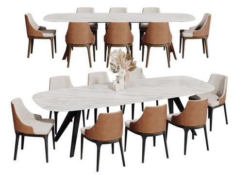 现代桌椅组合 餐桌组合 大理石餐桌 长桌 休闲桌椅su模型