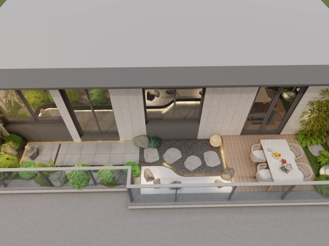  现代景观阳台 露台 屋顶花园 禅意日式景观 砾石汀步 餐桌椅su模型 