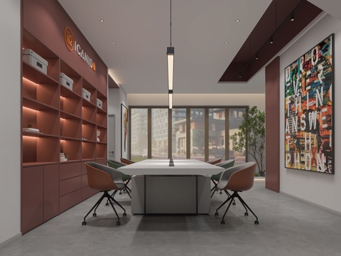  办公区桌椅展示柜植物3d模型3d模型 