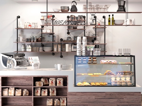  阁楼风格咖啡馆配甜点展示柜3d模型 