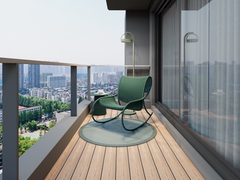 现代居家阳台 单人摇椅 花池绿植 汀步砾石su模型