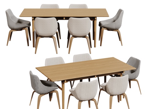 现代桌椅组合 餐桌组合 木纹桌椅 长桌 休闲桌椅su模型