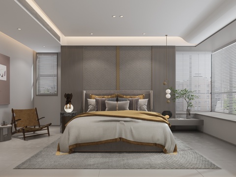  现代卧室床背景墙硬包3d模型 