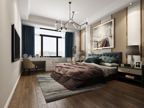  现代主卧室 吊灯 挂画 双人床 摆件 书桌椅 台灯3d模型 