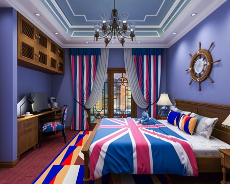  美式男孩儿童房 吊灯 双人床 书桌椅 储物柜 装饰墙 抱枕3d模型 