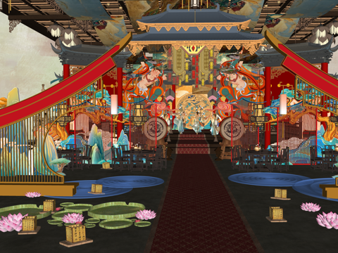 长廊 中式 博物馆 展厅 大唐 壁画 艺术 古风 工装 模型su模型