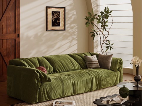 法式复古风多人沙发 直排沙发 布艺沙发su模型