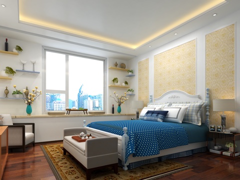  欧式简约主卧 置物架 双人床 书桌椅 床尾凳3d模型 