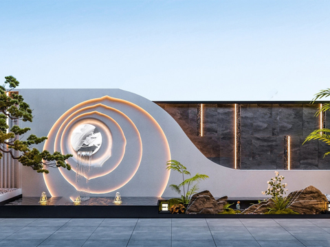 现代叠水景墙 直线 入口景墙su模型