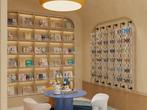  幼儿园阅读室 亲子阅读室 幼儿桌椅 昆虫标本 阅读角 图书馆3d模型 