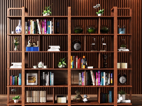  现代书架 地毯 饰品 背景墙3d模型 