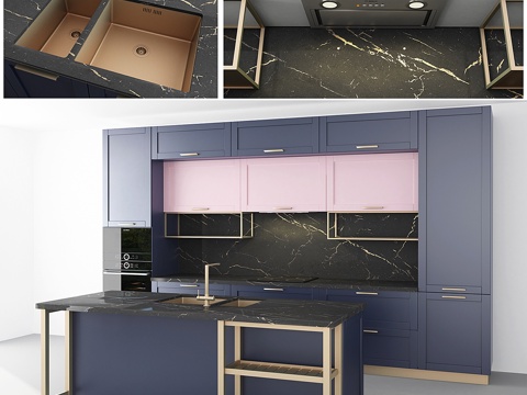  带岛台的蓝色厨房3d模型 