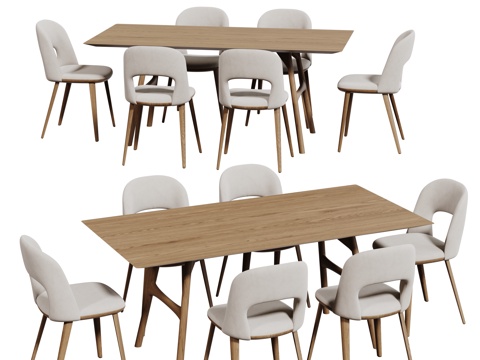 现代桌椅组合 餐桌组合 木纹桌椅 长桌 休闲桌椅su模型