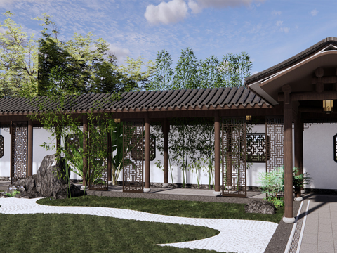 新中式景观廊架 仿古长廊 连廊su模型