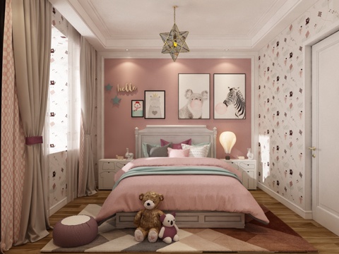  北欧女孩儿童房 吊灯 挂画 双人床 台灯 玩具3d模型 