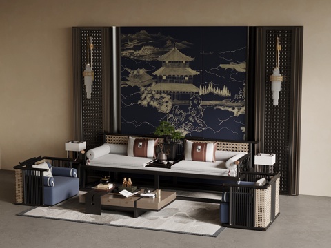 新中式沙发茶几组合su模型