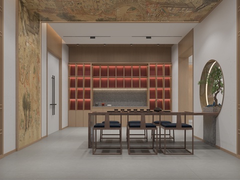  休闲餐饮区茶桌展示柜3d模型 